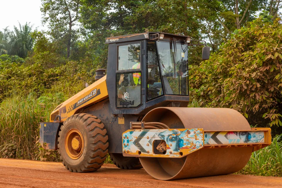 Vibratory roller compacting a laterite road through palm plantation